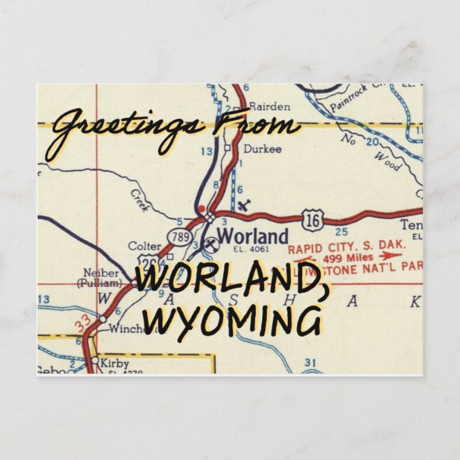 Worland Wyoming Vintage Map Postcard (Front)