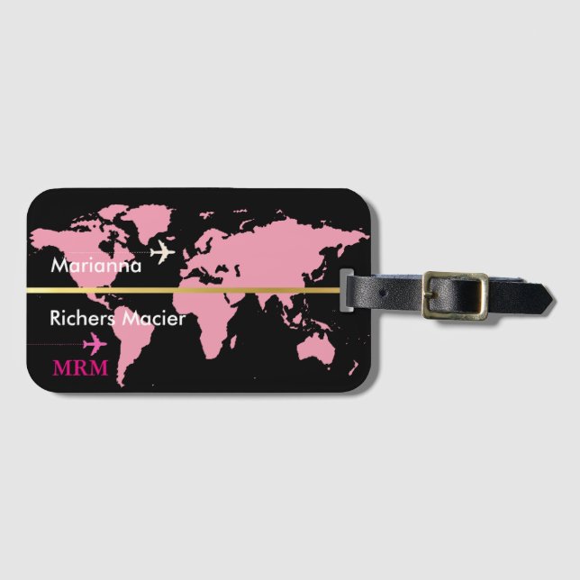world airplane travel custom pink luggage tag (Front Horizontal)