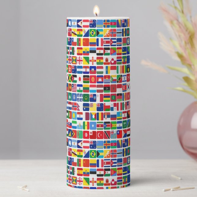 World All Countries Nation Flags Pattern Pillar Candle (In Situ)