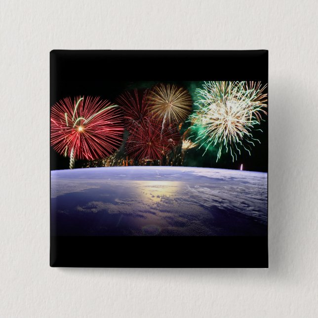 World and Fireworks Pinback Button (Front)