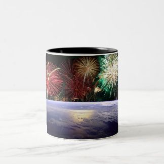 World and Fireworks Two-Tone Coffee Mug