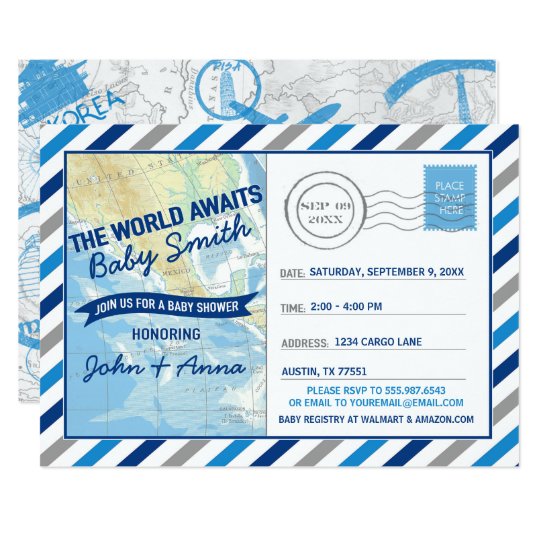 World Awaits Baby Shower Invitation Blue Postcard World Awaits Baby Shower Invitation Blue Postcard