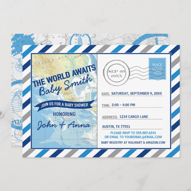 World Awaits Baby Shower Invitation Blue Postcard (Front/Back)