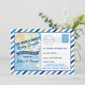 World Awaits Baby Shower Invitation Blue Postcard (Standing Front)