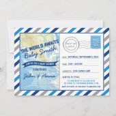 World Awaits Baby Shower Invitation Blue Postcard (Front)