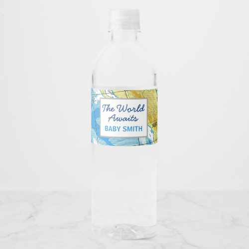 World Awaits Baby Shower Water Bottle Label