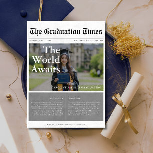 World Awaits Classic Newspaper Graduation Photo Invitation