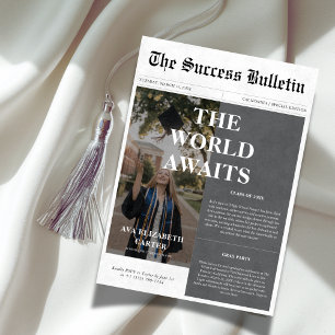 World Awaits Graduation Success Newspaper Photo Invitation