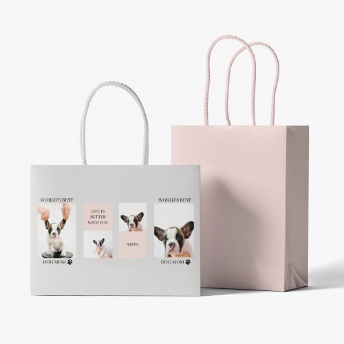 World Best Dog Mom  Collage Photo  Pastel Pink Large Gift Bag