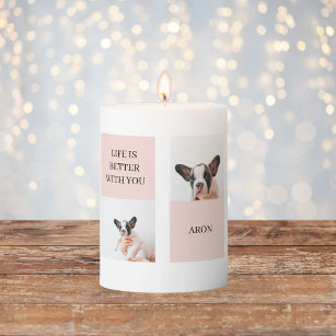 World Best Dog Mom   Collage Photo   Pastel Pink Pillar Candle