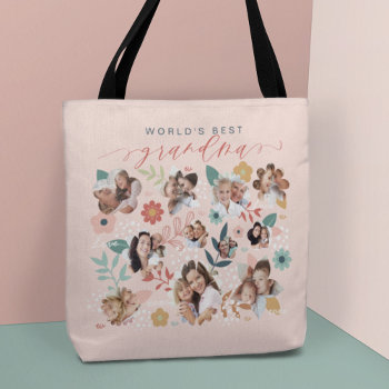 World Best Grandma Flower Family Photo Frame Tote Bag by moodthology at Zazzle