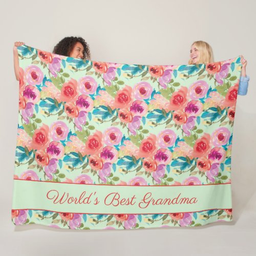 World Best Grandma Pink Purple Flowers Mint Green Fleece Blanket