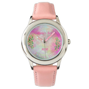 World Best Mom Watercolor Pink Floral Watch