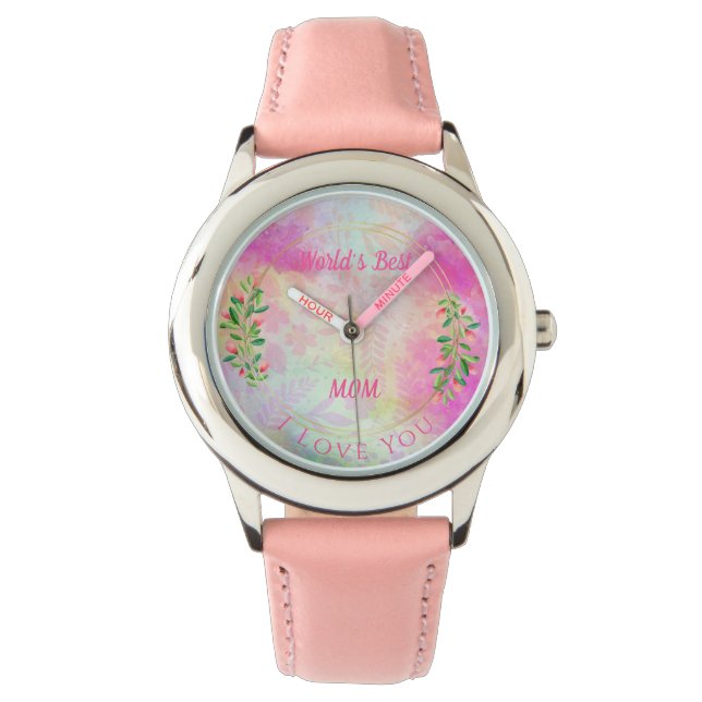 World Best Mom Watercolor Pink Floral Watch (Front)