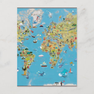 World Cartoon Map Postcard