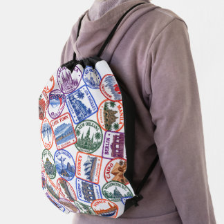 World cities passport stamp drawstring bag