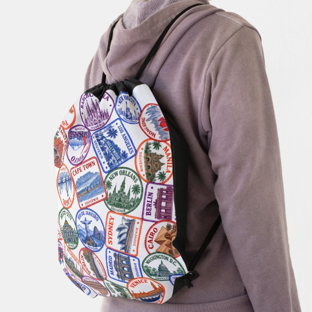 World cities passport stamp drawstring bag (Insitu)