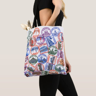 World cities passport stamp tote bag