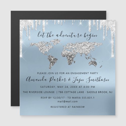 World Destination Map  Globe Bridal Wedding Blue Magnetic Invitation