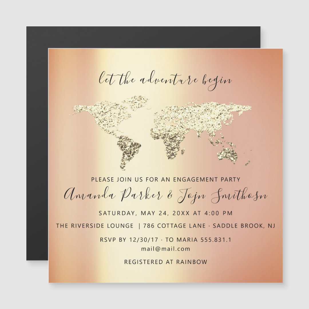 World Destination Map Globe Bridal Wedding Gold Magnetic Invitation ...