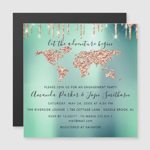 World Destination Map  Globe Bridal Wedding Mint Magnetic Invitation