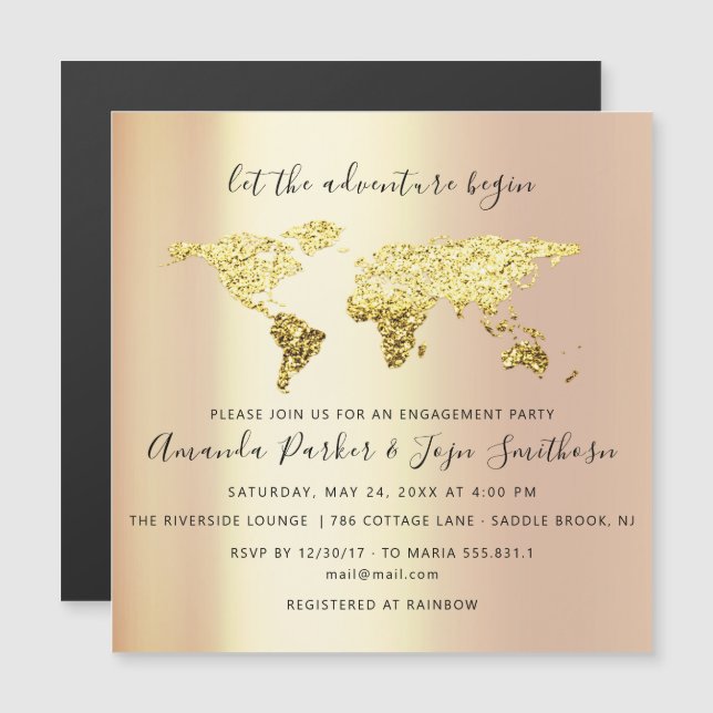 World Destination Map Graduate Bridal Wedding Gold Magnetic Invitation (Front/Back)