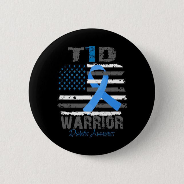 World Diabetes Awareness Blue Ribbon T1D Warrior T Button (Front)