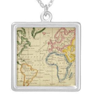 World engraved map silver plated necklace