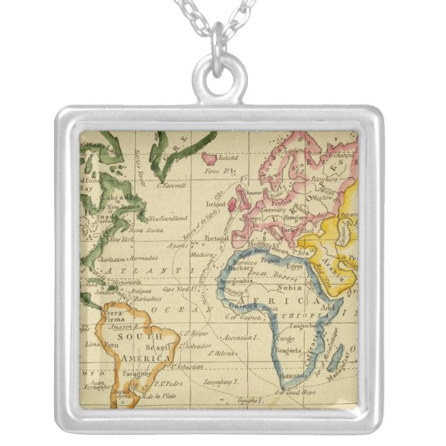 World engraved map silver plated necklace (Front)