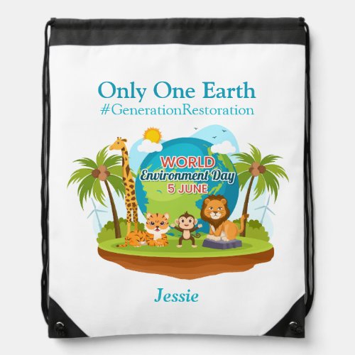 World Environment Day Custom Text Jungle Animals Drawstring Bag