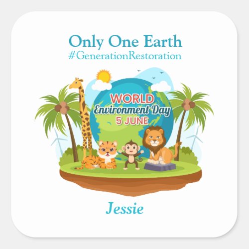 World Environment Day Custom Text Jungle Animals Square Sticker