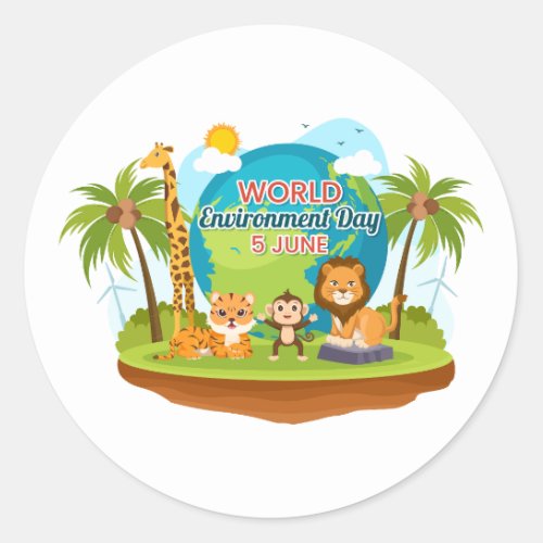 World Environment Day Lion Monkey Jungle Animals Classic Round Sticker