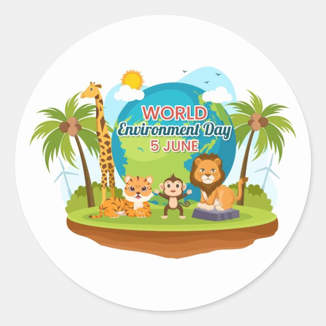 World Environment Day Lion Monkey Jungle Animals Classic Round Sticker (Front)