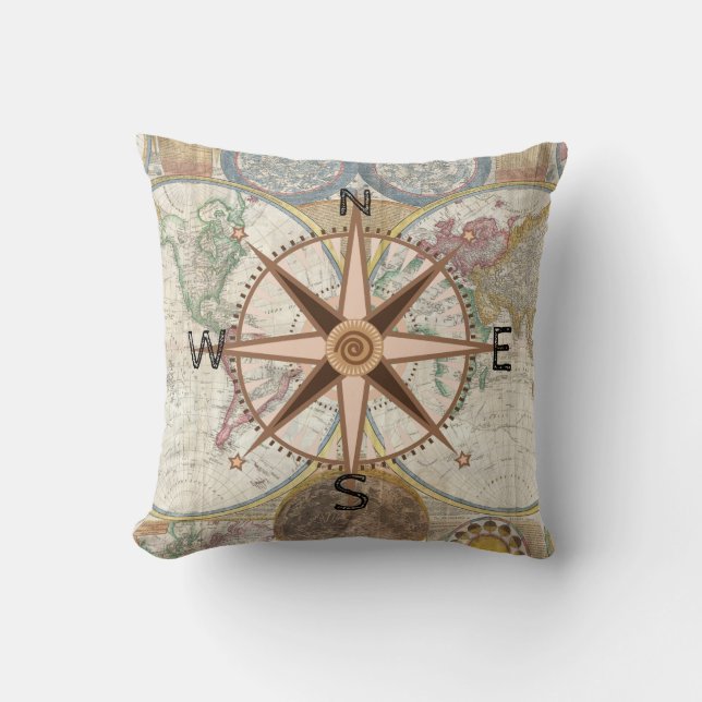 World Explorer Compass Rose Throw Pillow (Front)