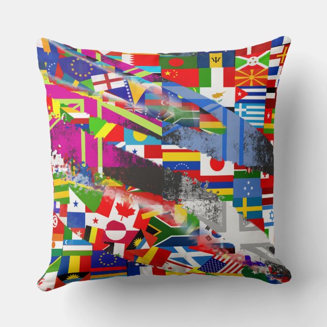 World Flag Global Glitch Abstract Collage  Throw Pillow (Back)