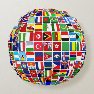 World Flags Globe, International, Round Pillow