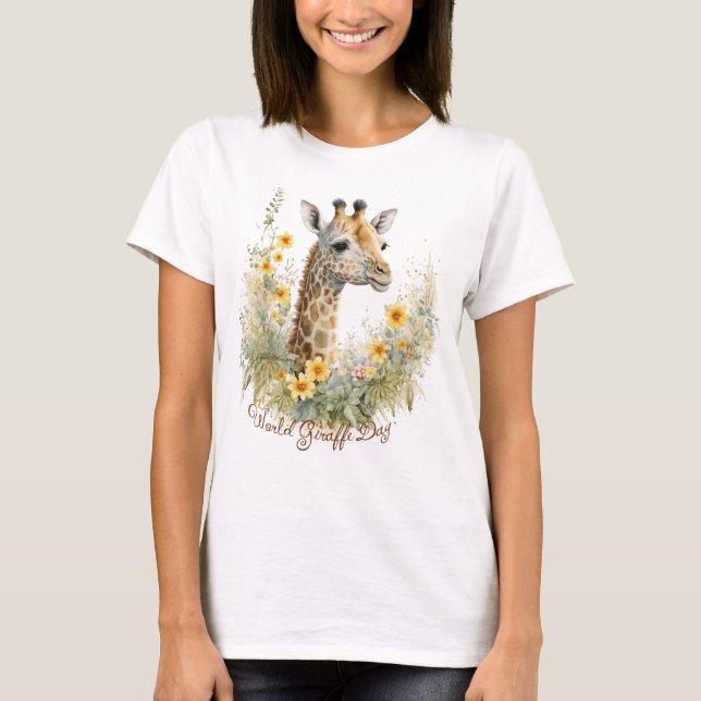 World Giraffe Day, watercolor giraffe flowers T-Shirt (Front)