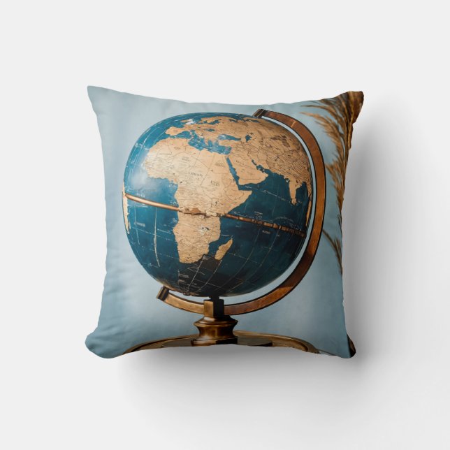 "World Globe Design Pillow with Wooden Base and Br (Front)