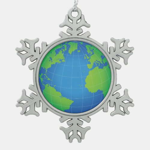 World Globe Map Snowflake Pewter Christmas Ornament