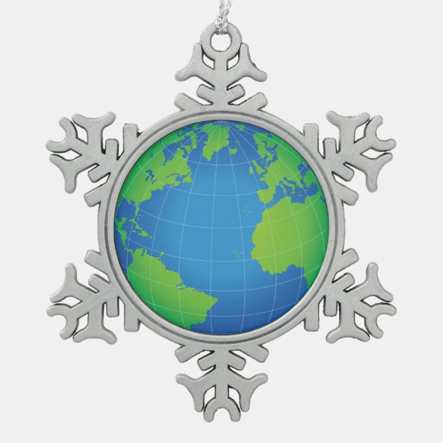 World Globe Map Snowflake Pewter Christmas Ornament (Front)
