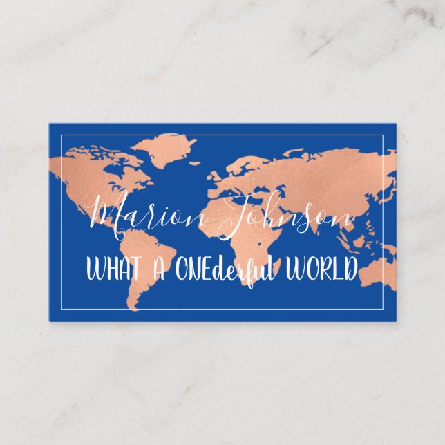 World Globe Map Travel Agency Copper Rose Fame Blu Business Card (Front)