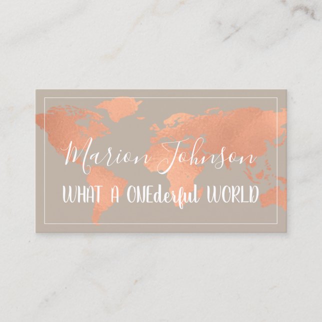 World Globe Map Travel Agency Copper Rose Framed Business Card (Front)