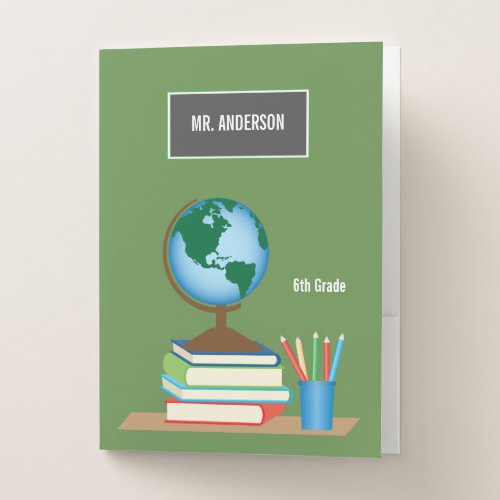 World Globe on Stack of Books Personalized Teacher Pocket Folder