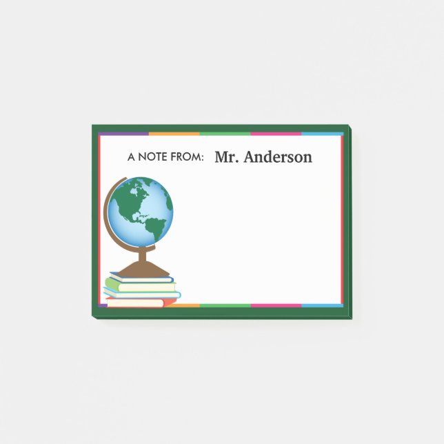 World Globe on Stack of Books Personalized Teacher Post-it Notes (Front)