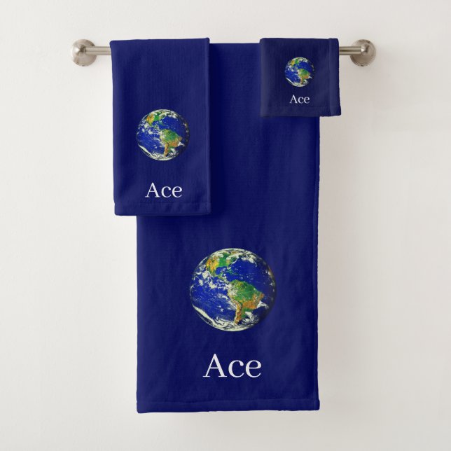 World Globe & Text on Navy Blue Bath Towel Set (Insitu)