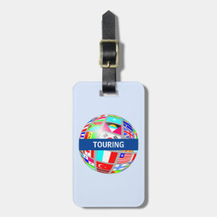 World globe tour and flags on light blue luggage tag