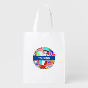 World globe touring and flags grocery bag