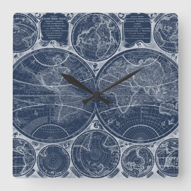 World Globes Blueprint Square Wall Clock (Front)