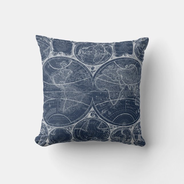 World Globes Blueprint Throw Pillow (Front)