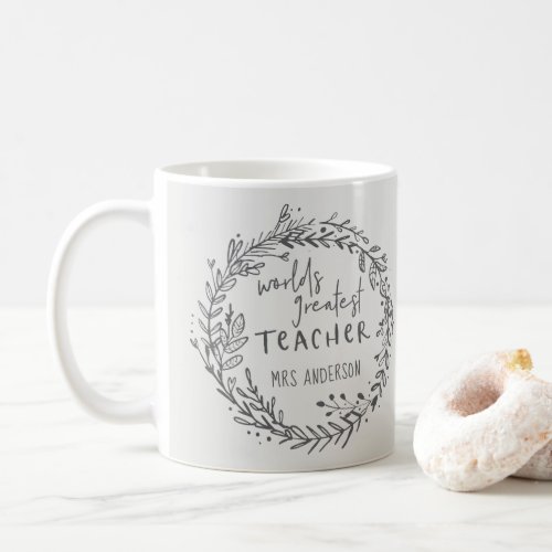 world greatest teacher modern minimal wreath coffee mug